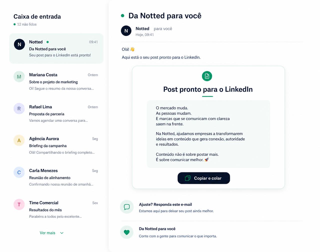Caixa de entrada de e-mail com um post pronto para o LinkedIn, pronto para copiar e colar